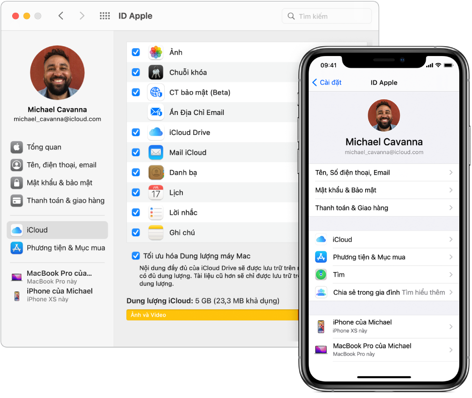 Cài đặt iCloud trên iPhone và cửa sổ iCloud trên máy Mac.