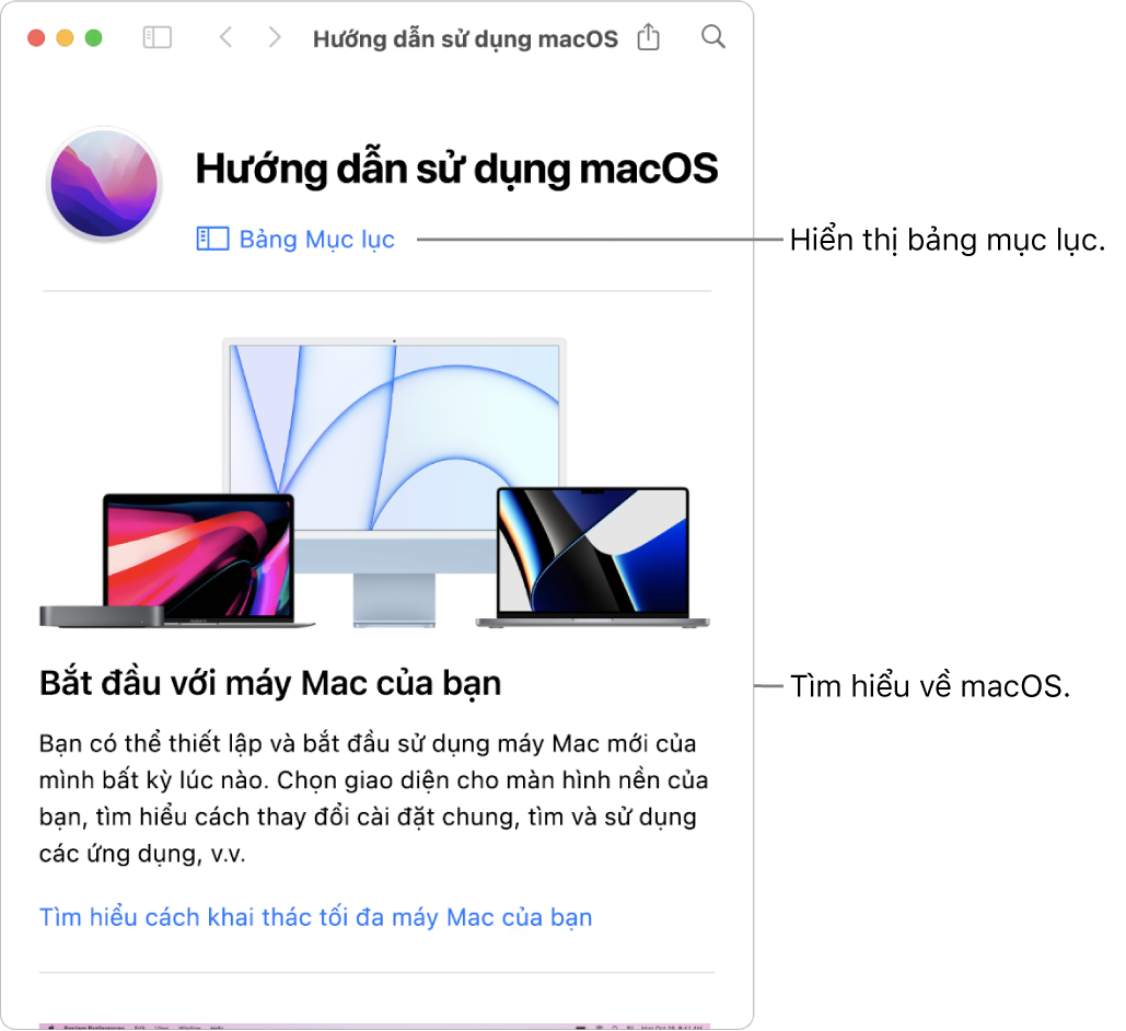 Trang chào mừng Hướng dẫn sử dụng macOS đang hiển thị liên kết Bảng mục lục.