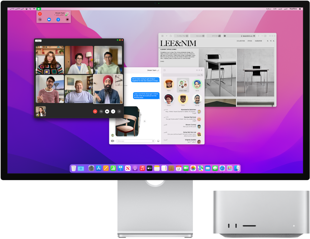 جهاز Mac Studio متصل بشاشة عرض، ويعرض سطح المكتب مركز التحكم والعديد من التطبيقات المفتوحة.
