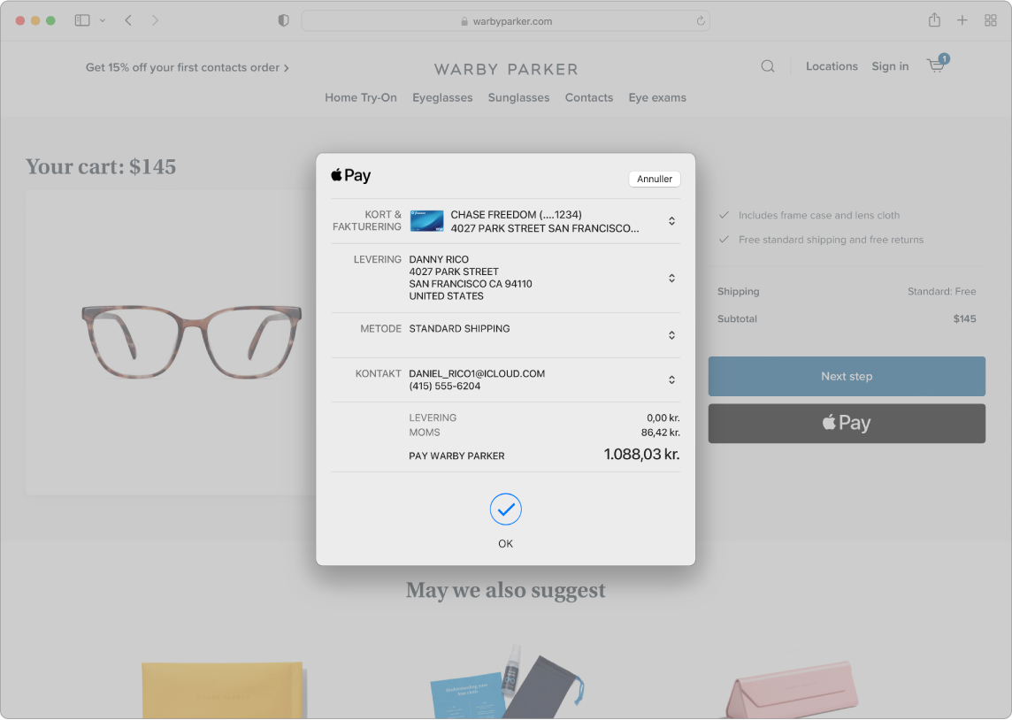 Et Mac-skærmbillede, der viser et igangværende køb med muligheden Apple Pay i Safari.