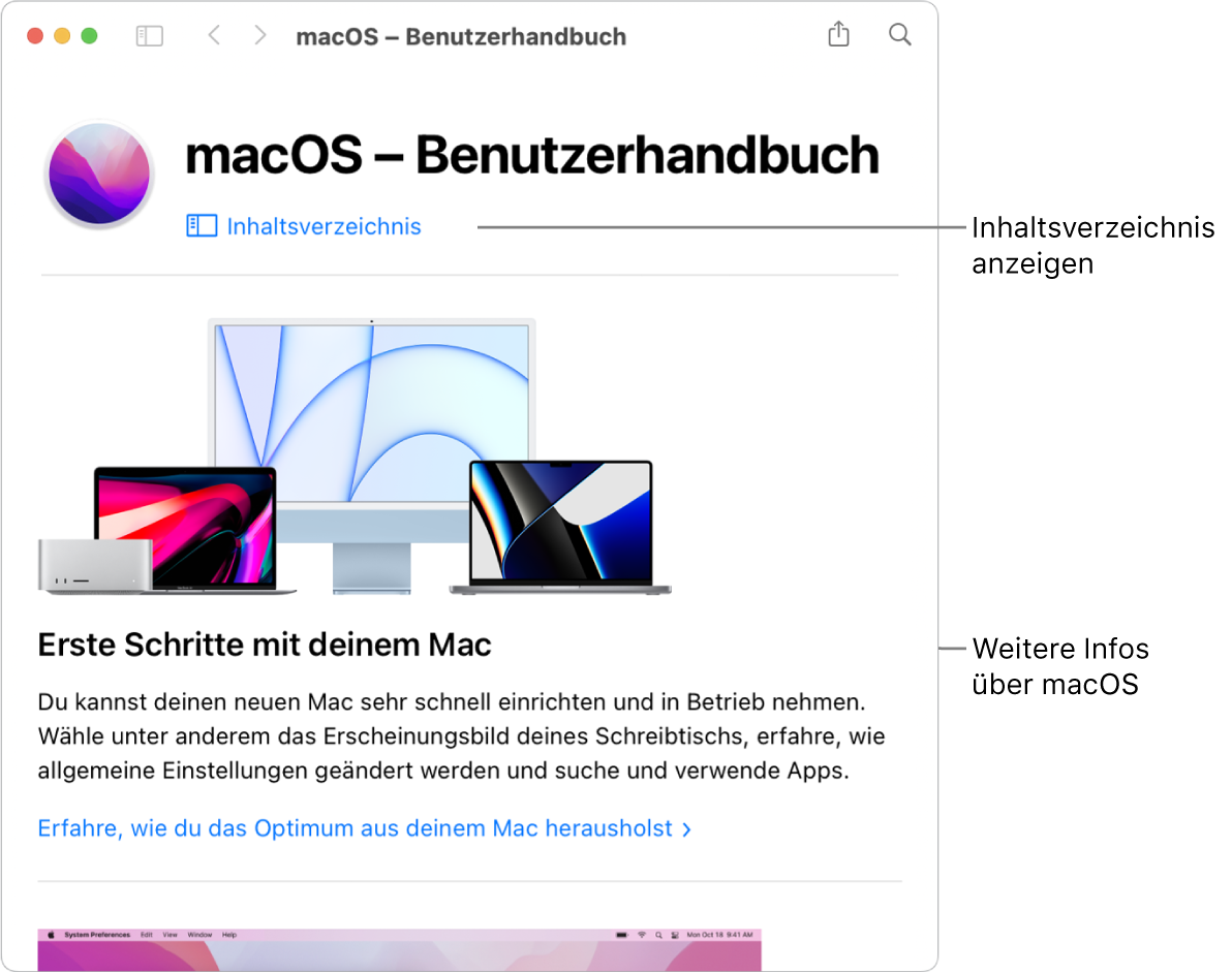 Die Startseite des macOS – Benutzerhandbuchs mit dem Link zum Inhaltsverzeichnis