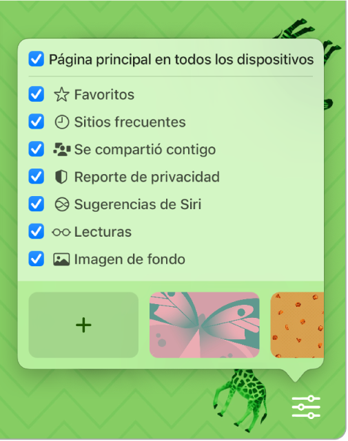 El menú desplegable “Personalizar Safari” con las casillas Favoritos, Sitios frecuentes, Reporte de privacidad, Sugerencias de Siri, Lecturas e Imagen de fondo.