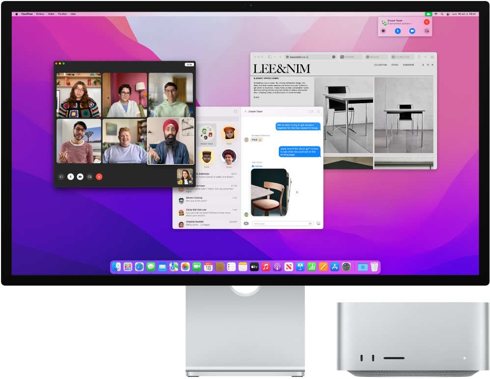 Un Mac Studio connecté à un écran, avec le bureau affichant le centre de contrôle et plusieurs apps ouvertes.