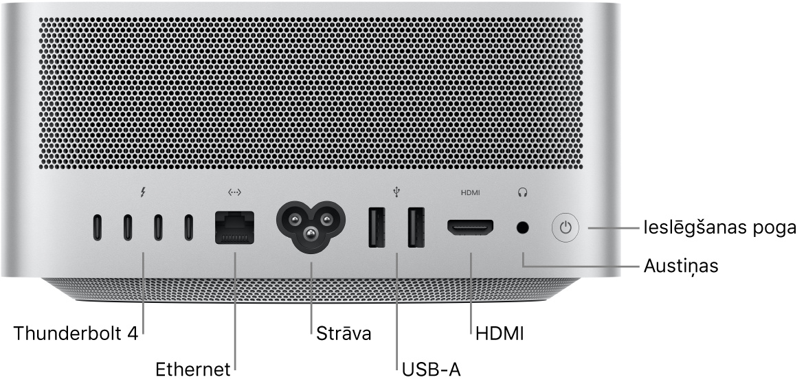 Mac Studio datora aizmugure, kur redzami Thunderbolt 4 (USB-C) porti, Gigabit Ethernet ports, barošanas ports, divi USB-A porti, HDMI ports, 3,5 mm austiņu ligzda un ieslēgšanas poga.