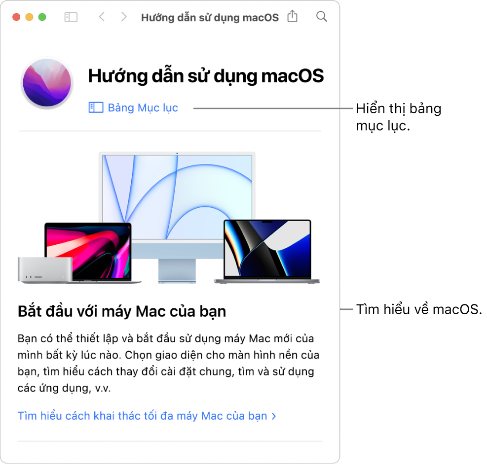 Trang chào mừng Hướng dẫn sử dụng macOS đang hiển thị liên kết Bảng mục lục.