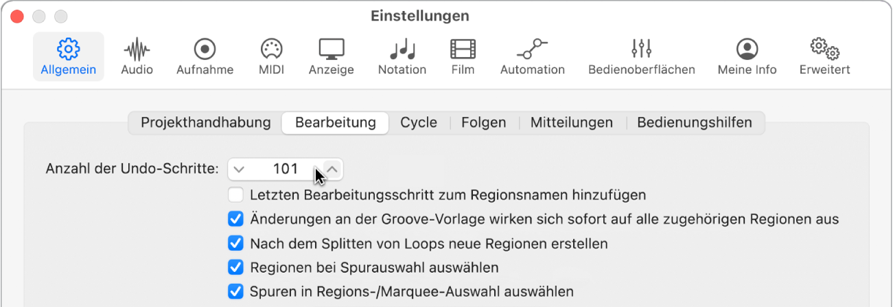 Abbildung. Feld „Anzahl der Undo-Schritte“ im Bereich „Bearbeitung“ in den allgemeinen Einstellungen