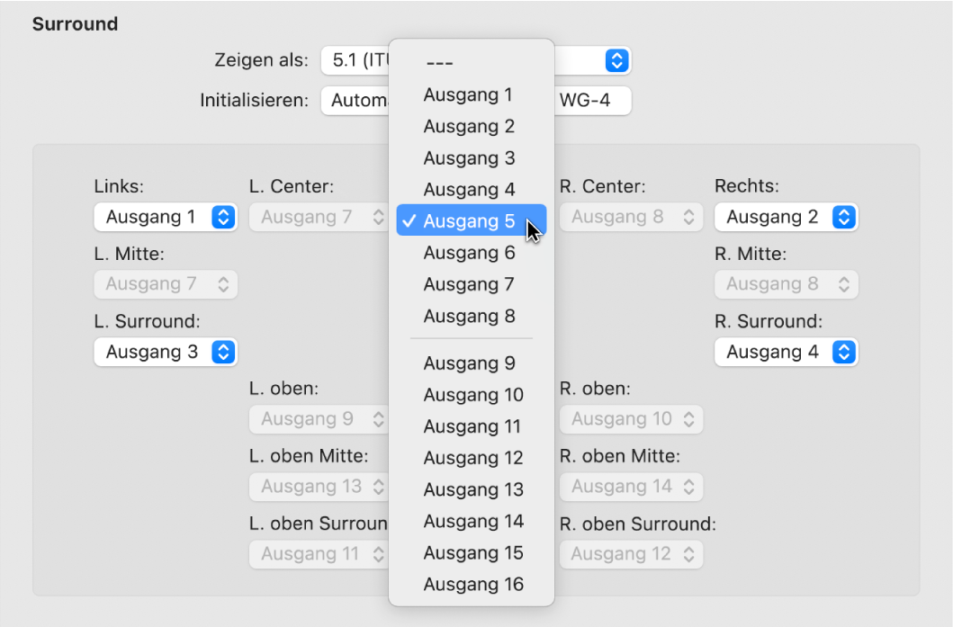 Abbildung. Einblendmenü „Eingang“ in den Surround-Einstellungen