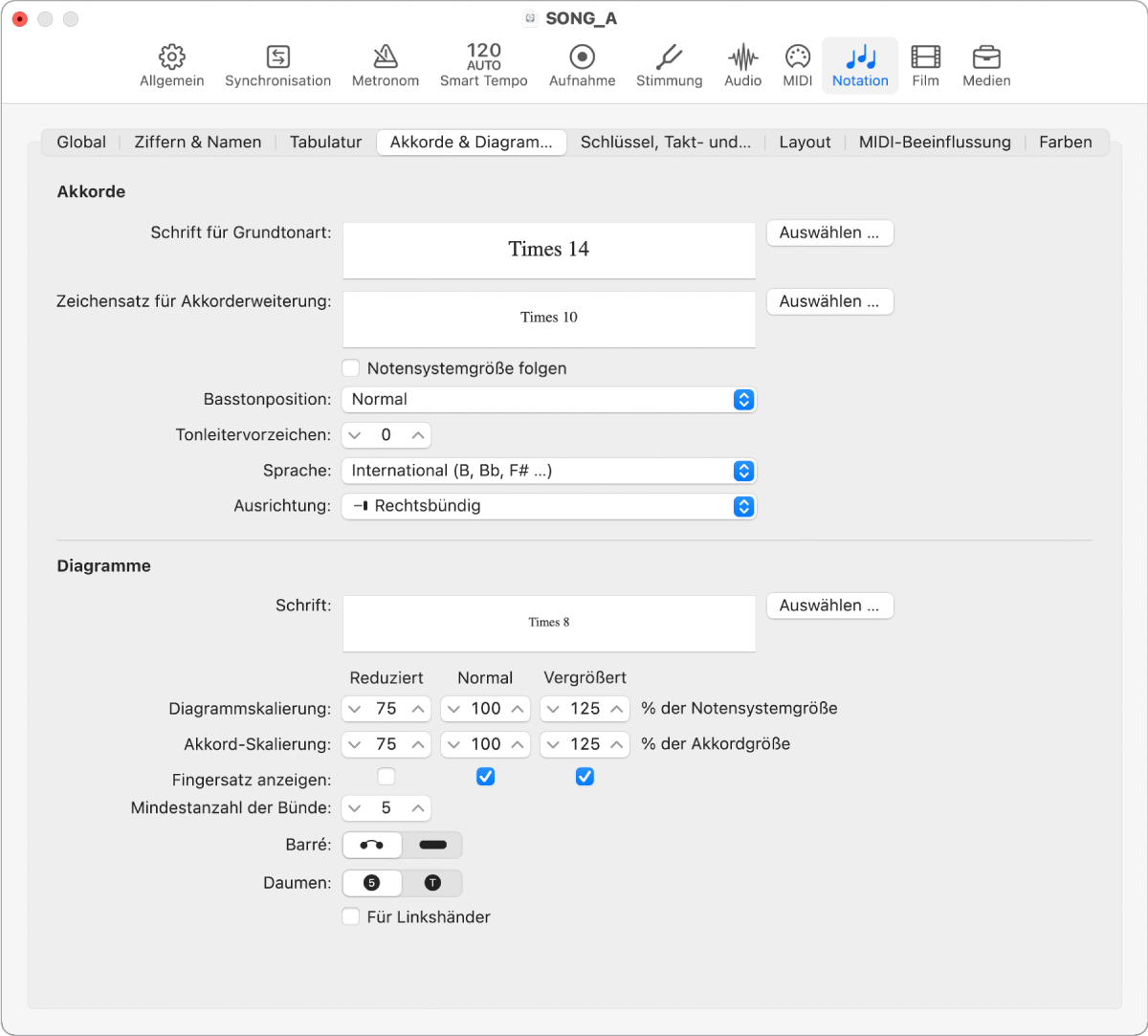 Abbildung. Bereich „Akkorde und Diagramme“