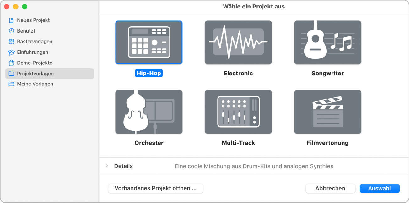 Abbildung. Projektauswahl mit ausgewählter Vorlage „Leeres Projekt“