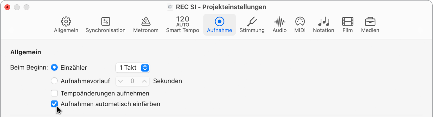 Abbildung. Auswählen von „Automatisch eingefärbte Takes“ im Bereich mit den Projekteinstellungen für die Aufnahme