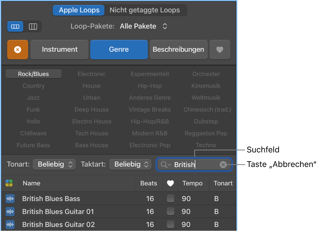 Suchfeld und Taste „Abbrechen“ in der Loopübersicht