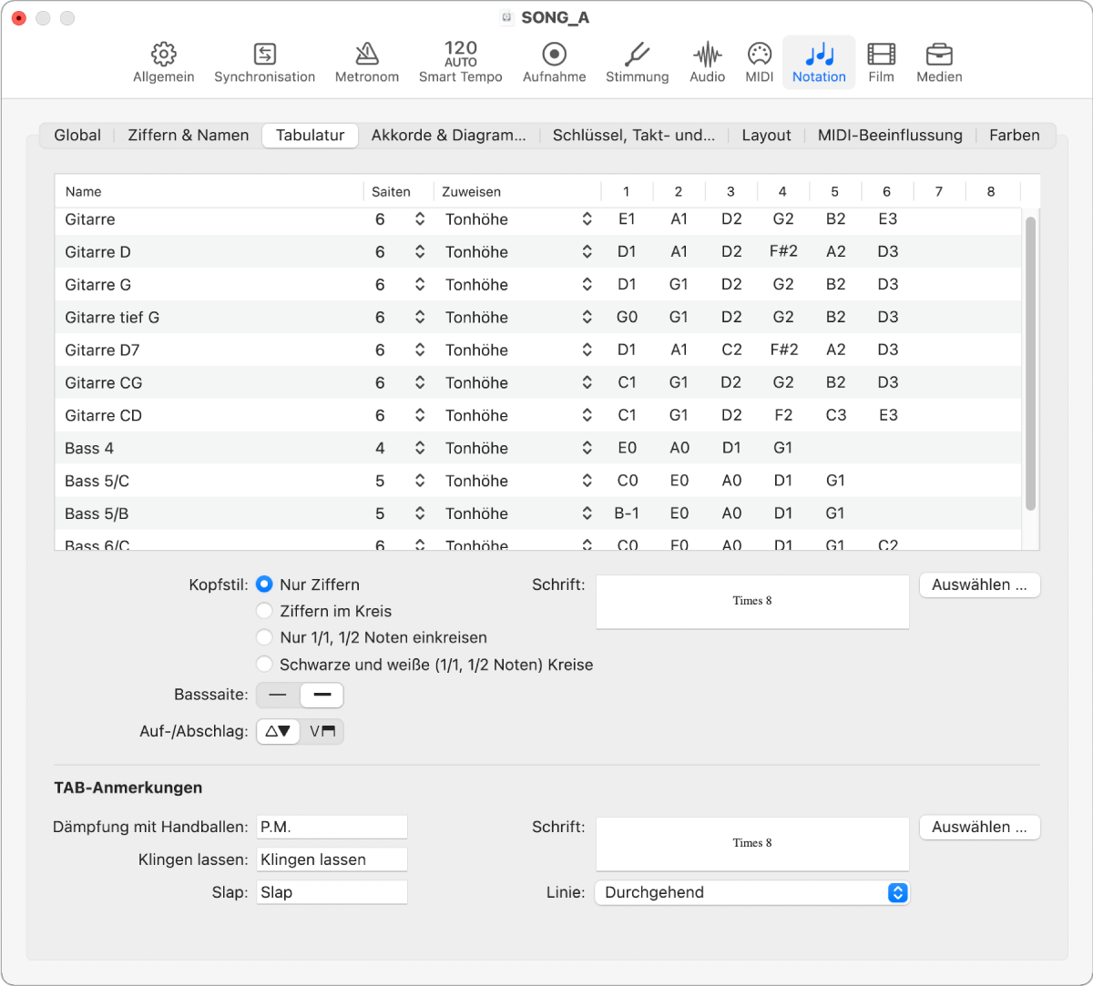 Abbildung. Bereich „Tabulatur“