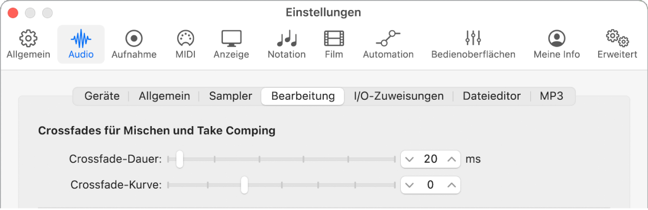 Abbildung. Audioeinstellungen mit Überblendungsparametern bearbeiten