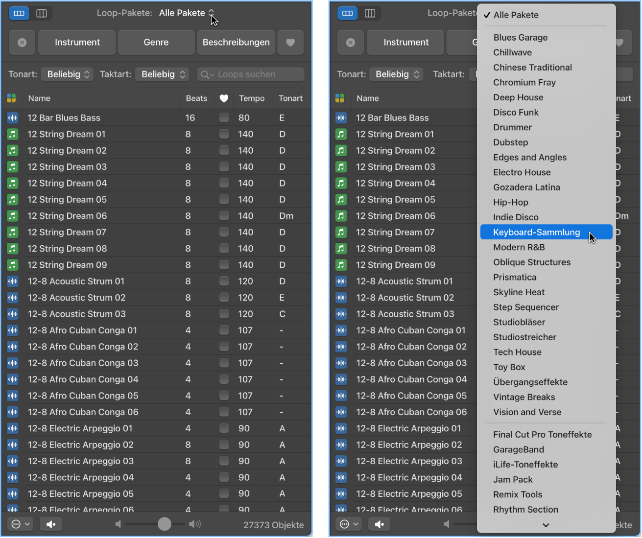 Abbildung. Das Einblendmenü „Loops“ mit den verfügbaren Loops