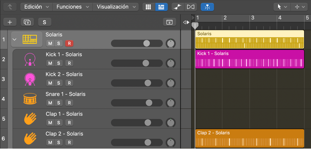 “Track Stack” de Drum Machine Designer ahora se divide, mostrando pasajes de patrón en las subpistas.