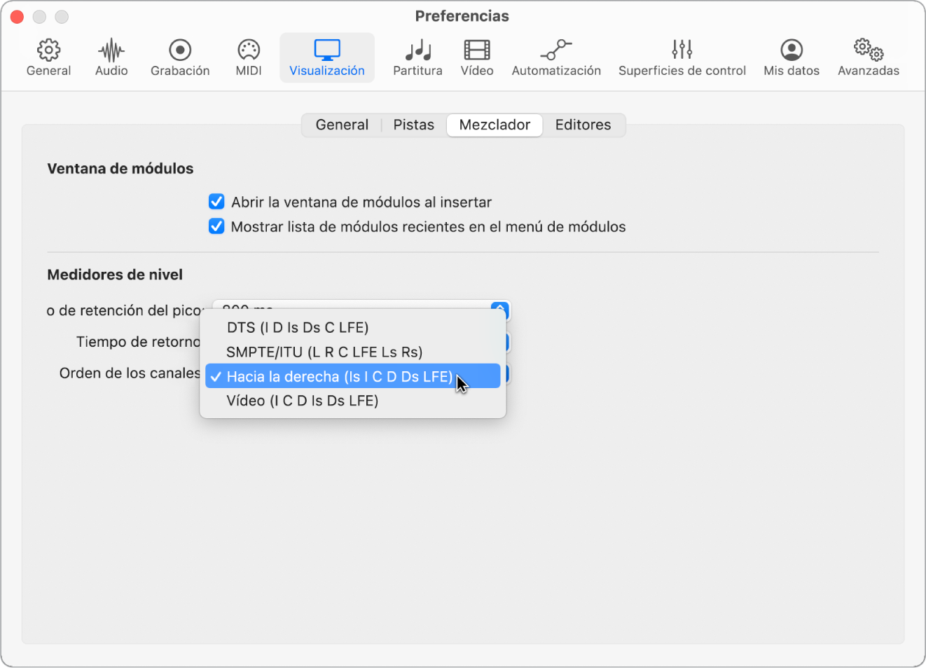 Ilustración. Panel de preferencias Visualización del mezclador.