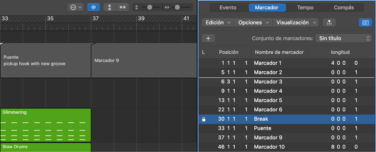 Ilustración. Nombre del marcador con el símbolo de candado, que indica que está bloqueado.