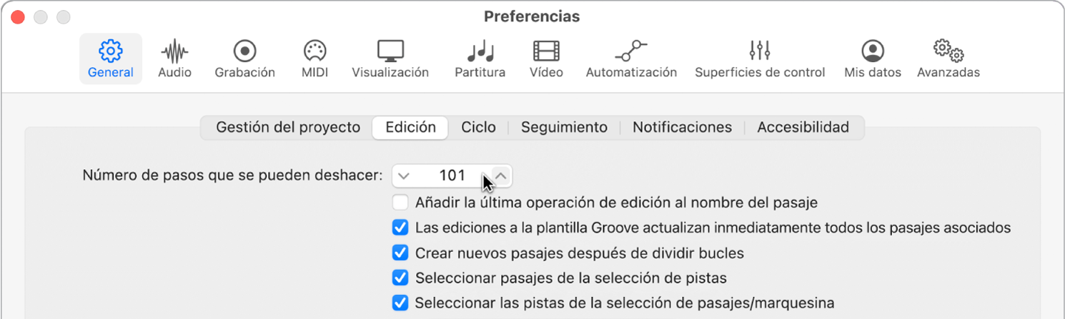 Ilustración. Campo “Número de pasos que se pueden deshacer” del panel Edición de las preferencias generales.