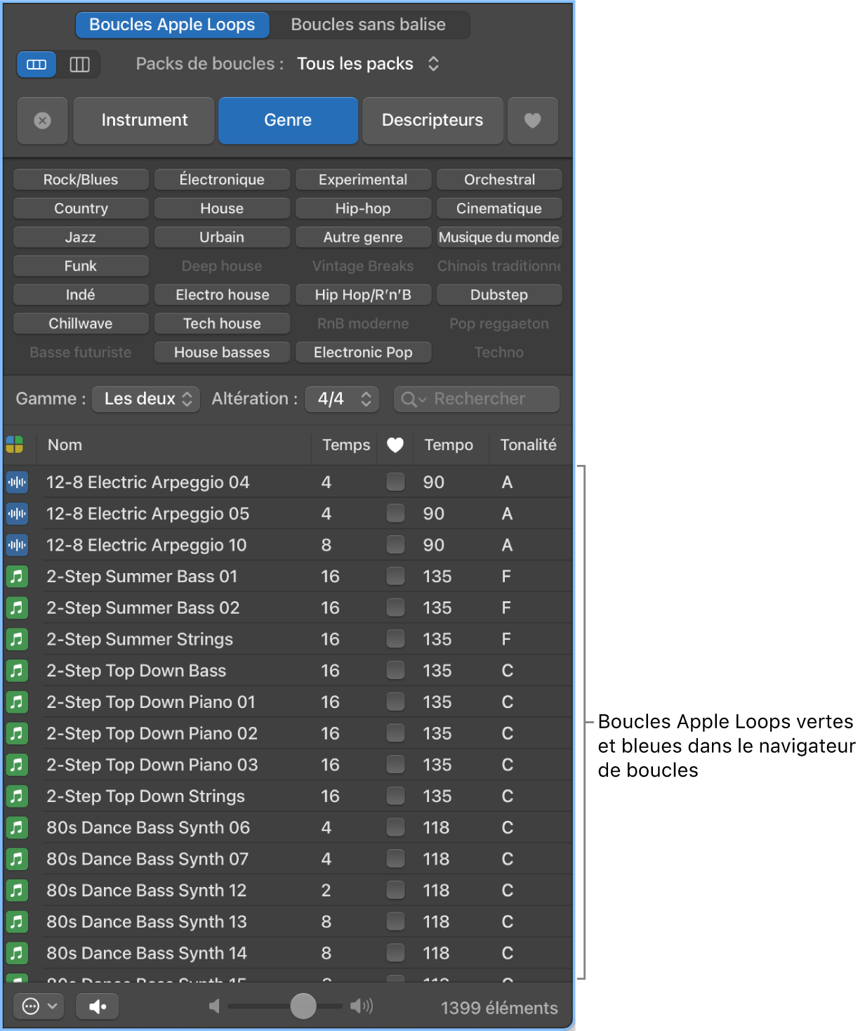 Navigateur de boucles avec boucles Apple Loops d’instruments logiciels (vertes) et audio (bleues).