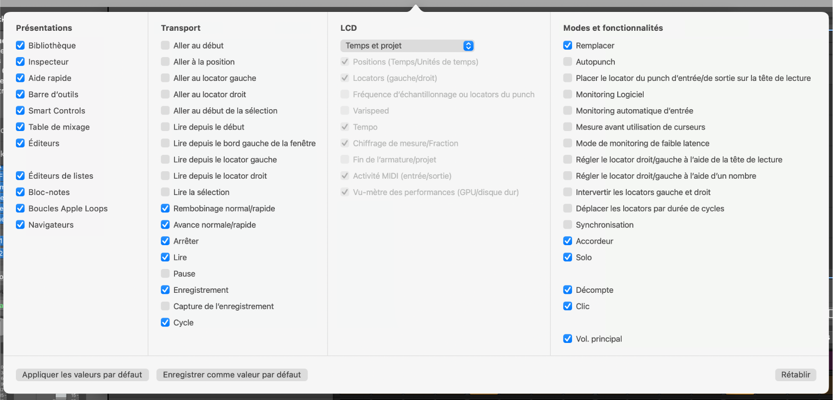 Figure. Zone de dialogue « Personnaliser la barre de transport ».