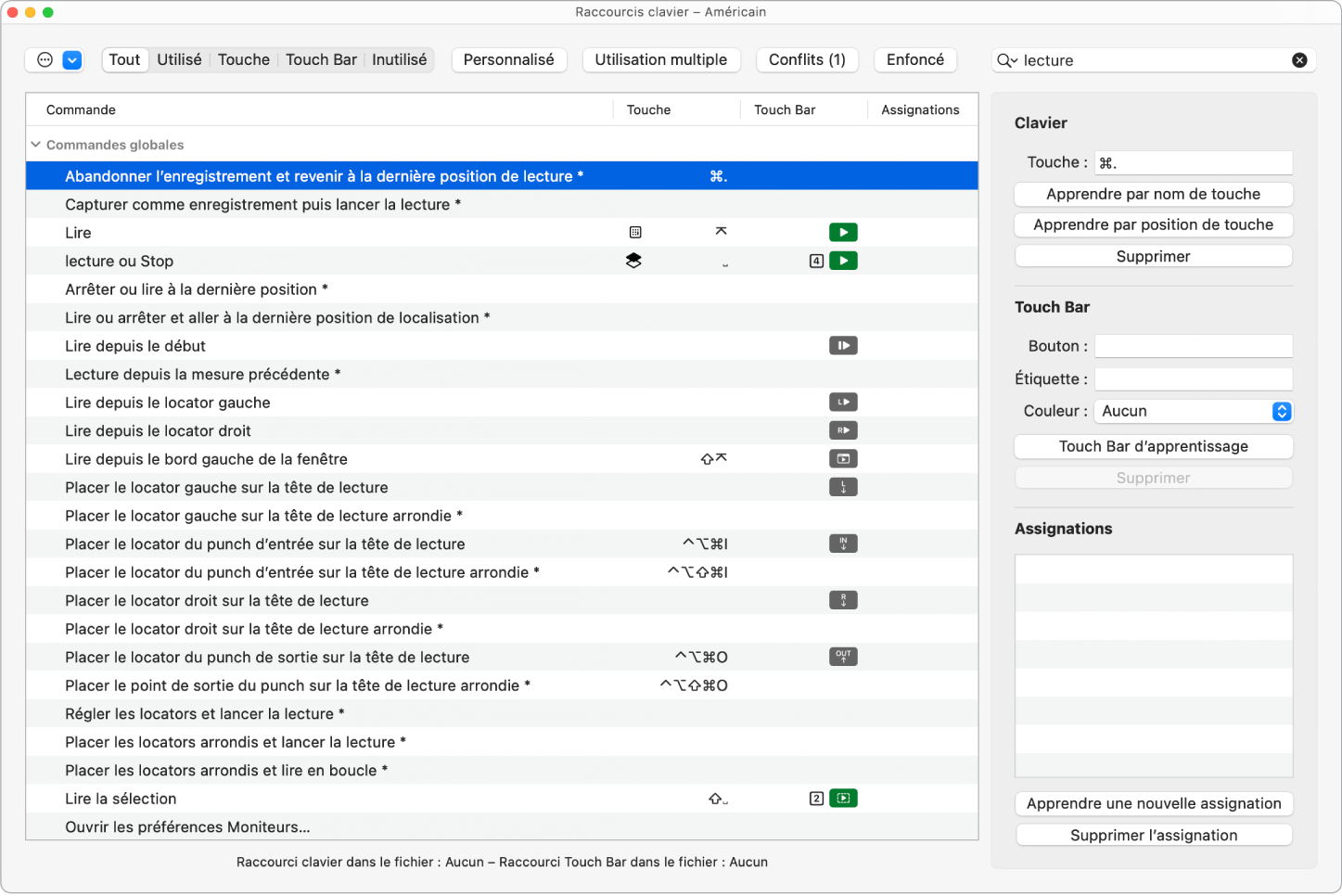 Figure. Affectation d’une fonction à l’écran des raccourcis clavier sur la Touch Bar.