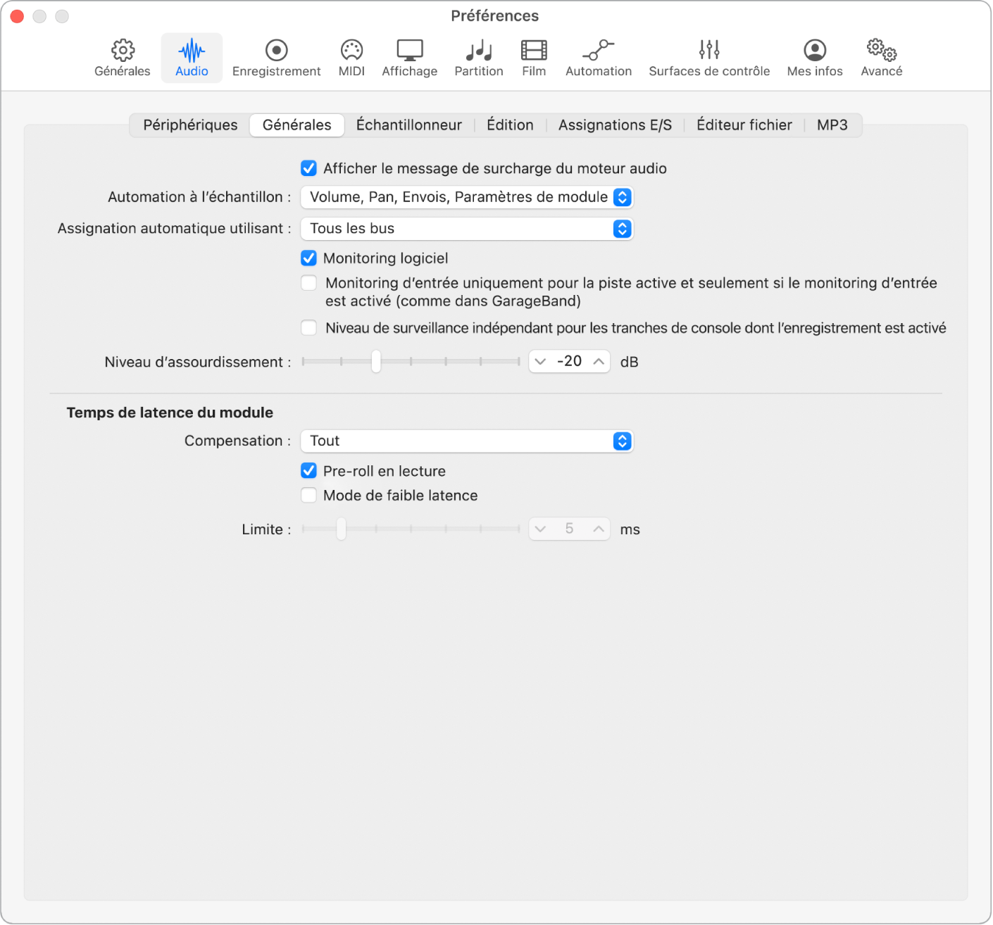 Figure. Préférences audio générales.