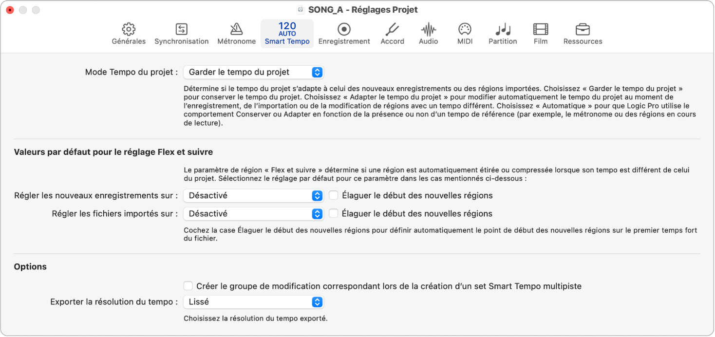 Figure. Réglages Smart Tempo.