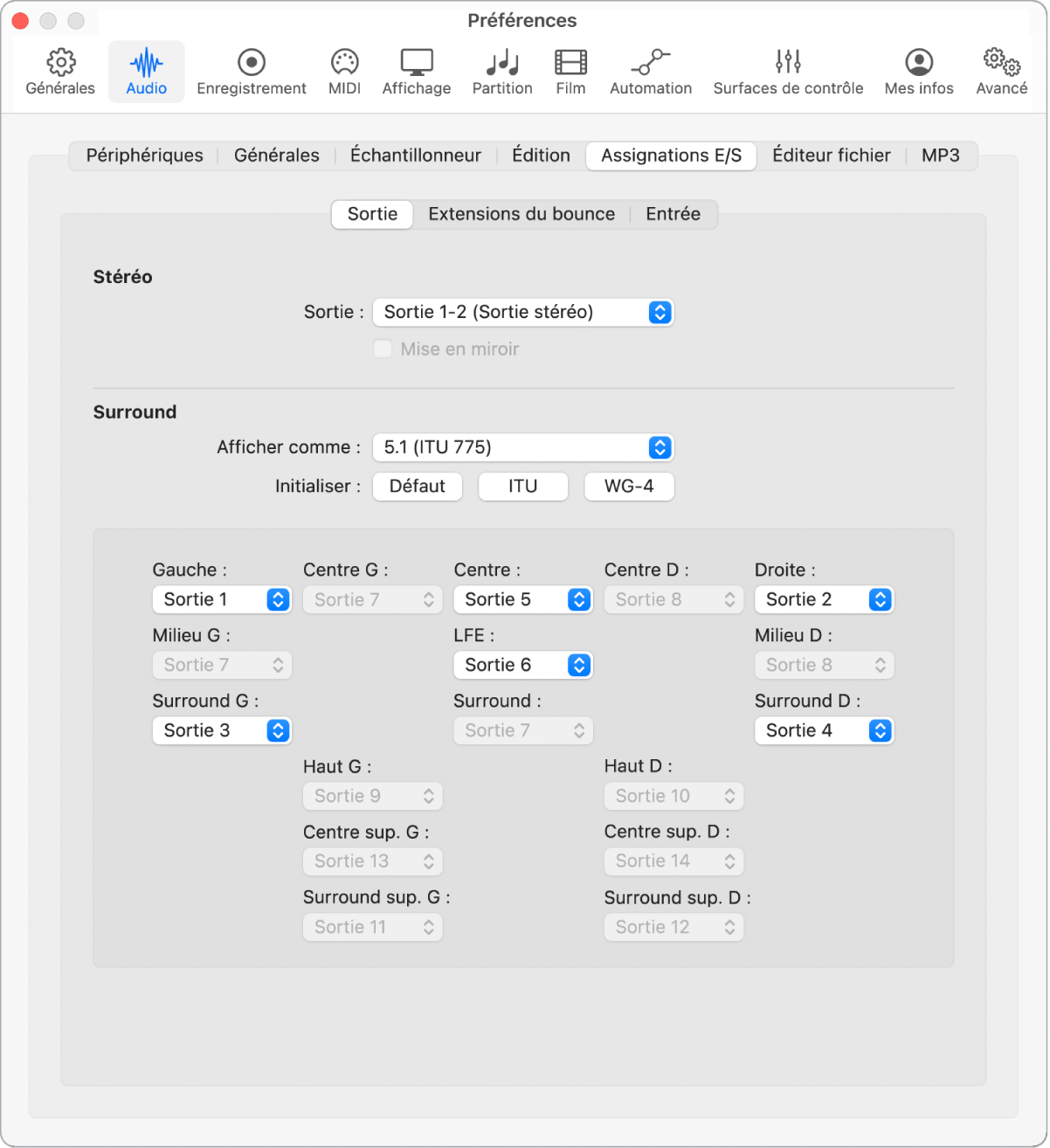 Figure. Sous-fenêtre Assignations E/S des préférences Audio.