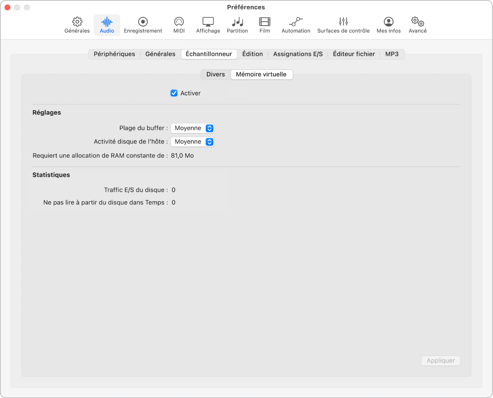 Figure. Préférences Mémoire virtuelle de Sampler.