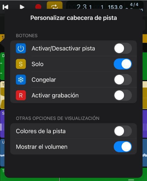 Ilustración. Ventana “Personalizar cabecera de pista” con los botones disponibles y otras opciones de visualización.