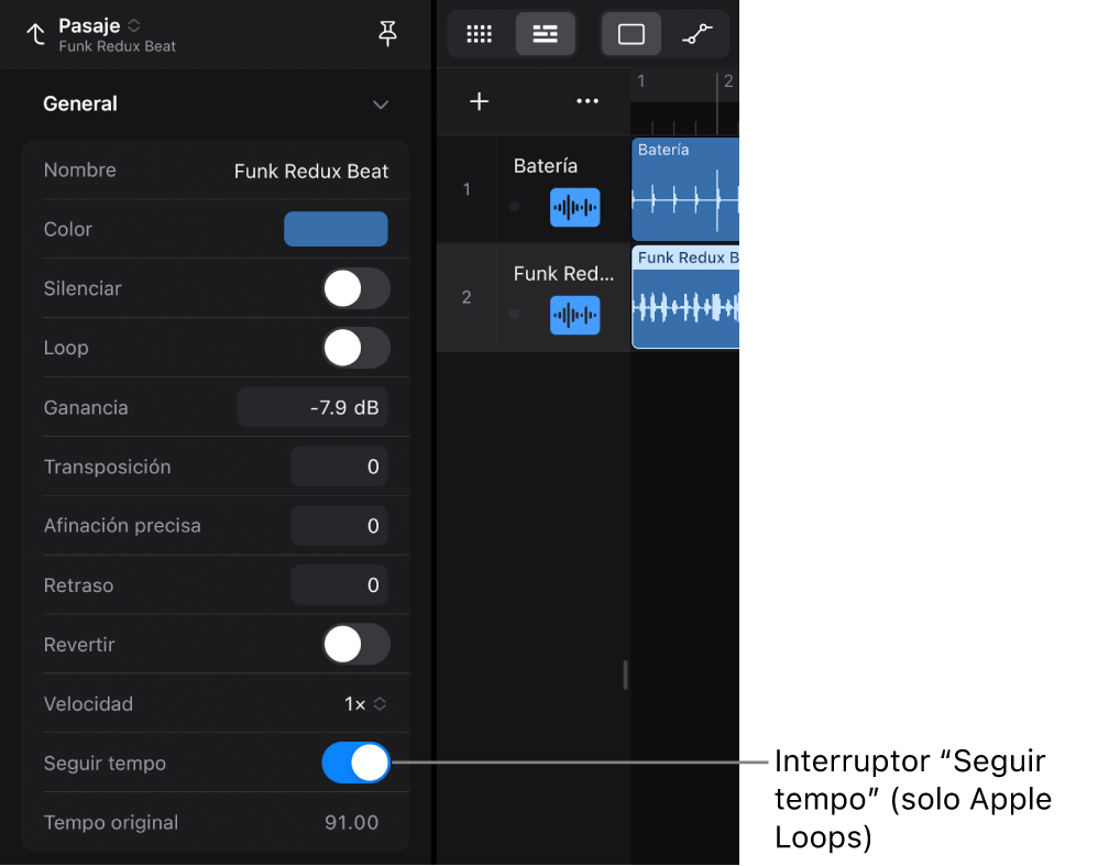 Ilustración. Inspector de pasajes con el conmutador “Seguir tempo” para Apple Loops de audio.