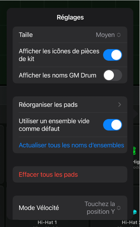 Réglages de surface de Drum Machine Designer.