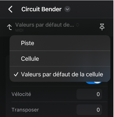 Figure. Menu local Niveau de l’inspecteur dans l’inspecteur de cellule.
