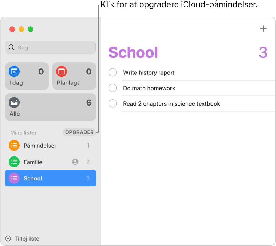 Et vindue i Påmindelser med knappen Opgrader i indholdsoversigten.