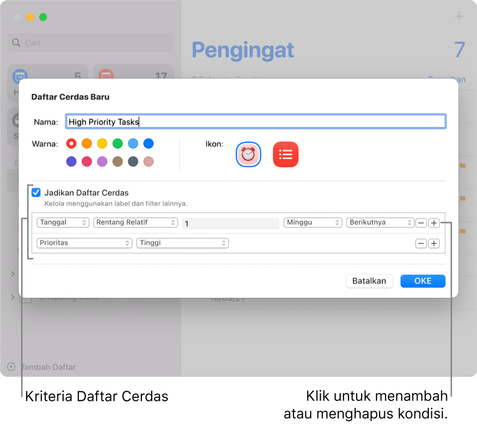 Dialog Daftar Cerdas Baru, menampilkan bidang yang digunakan untuk menetapkan kriteria.