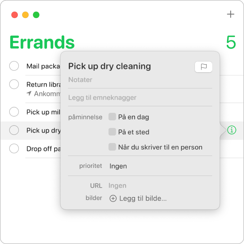 En påminnelsesliste som viser inspektørvinduet for en påminnelse.
