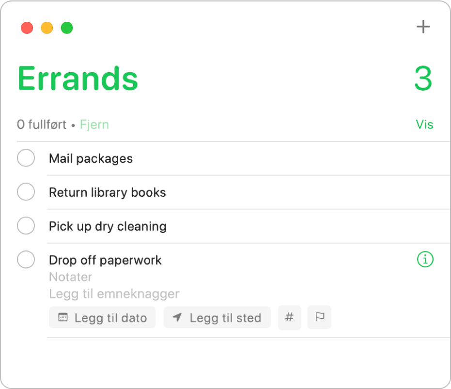 En påminnelsesliste som viser en markert påminnelse med felter for å angi dato, plassering og et flagg.