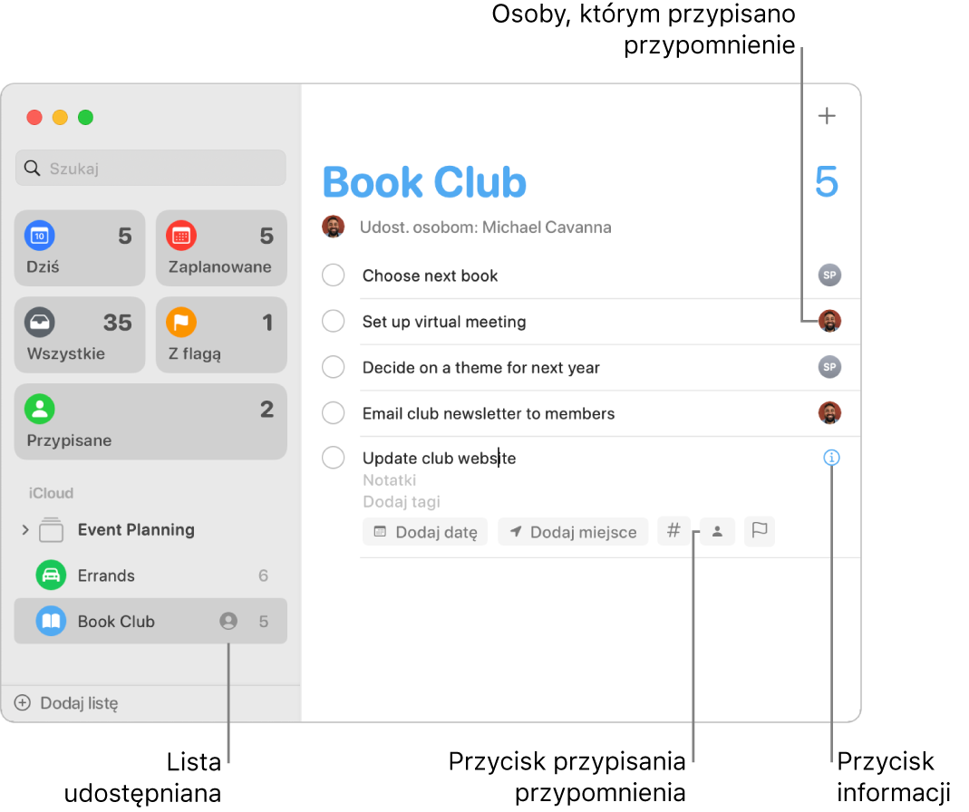 Okno aplikacji Przypomnienia z widoczną listą udostępnianą zawierającą przypisane przypomnienia.
