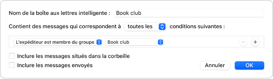 La fenêtre « Groupe intelligent » affichant les critères d’un groupe intitulé « Horaires des entraînements de foot ». Le groupe inclut deux conditions. La première comprend deux critères (affichés de gauche à droite) : « L’expéditeur est membre du groupe » (sélectionné dans le menu local) et « Groupe de football » (sélectionné dans le menu local). La seconde comprend un critère : « Contient des pièces jointes » (sélectionné dans le menu local).