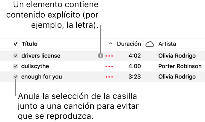 Detalle de la visualización Canciones en Música, con las casillas a la izquierda y el símbolo de contenido explícito para la primera canción (que indica que su contenido es explícito, por ejemplo, la letra). Anula la selección junto a una canción para evitar que se reproduzca.