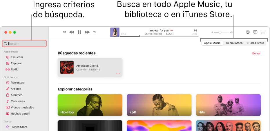 La ventana de Apple Music mostrando el campo de búsqueda en la esquina superior izquierda, la lista de categorías en el centro de la ventana, y la opción Apple Music, “Tu biblioteca” o iTunes Store disponible en la esquina superior derecha. Ingresa criterios de búsqueda en el campo de búsqueda y selecciona buscar en todo Apple Music, sólo en tu biblioteca o iTunes Store.