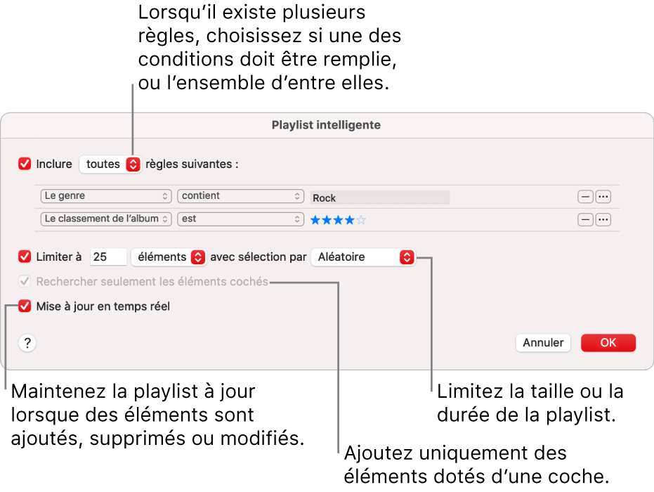 La zone de dialogue « Playlist intelligente » : Dans le coin supérieur gauche, sélectionnez Inclure, puis indiquez les critères de la playlist (comme Genre ou Classement). Continuez d’ajouter ou de supprimer des règles en cliquant sur le bouton Ajouter ou Supprimer en haut à droite. Sélectionnez différentes options dans la partie inférieure de la zone de dialogue, comme la limitation de la taille ou de la durée d’une playlist, l’utilisation exclusive des éléments cochés ou la mise à jour de la playlist par Musique lorsque votre bibliothèque est modifiée.