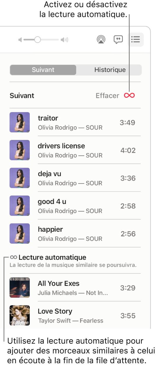 La file d’attente Suivant. Cliquez sur le bouton « Lecture automatique » pour activer ou désactiver la lecture automatique. Lorsque la lecture automatique est activée, des morceaux similaires sont ajoutés à la fin de la file d’attente.