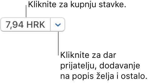 Tipka koja prikazuje cijenu. Kliknite na cijenu da kupite stavku. Kliknite na strelicu pokraj cijene kako biste stavku poklonili prijatelju, dodajte stavku u popis želja i ostalo.