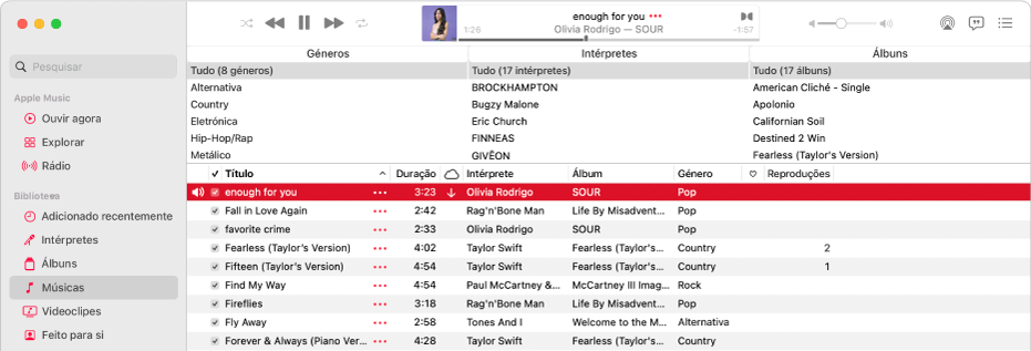 A janela principal da aplicação Música: o navegador em colunas está à direita da barra lateral, acima da lista de músicas.