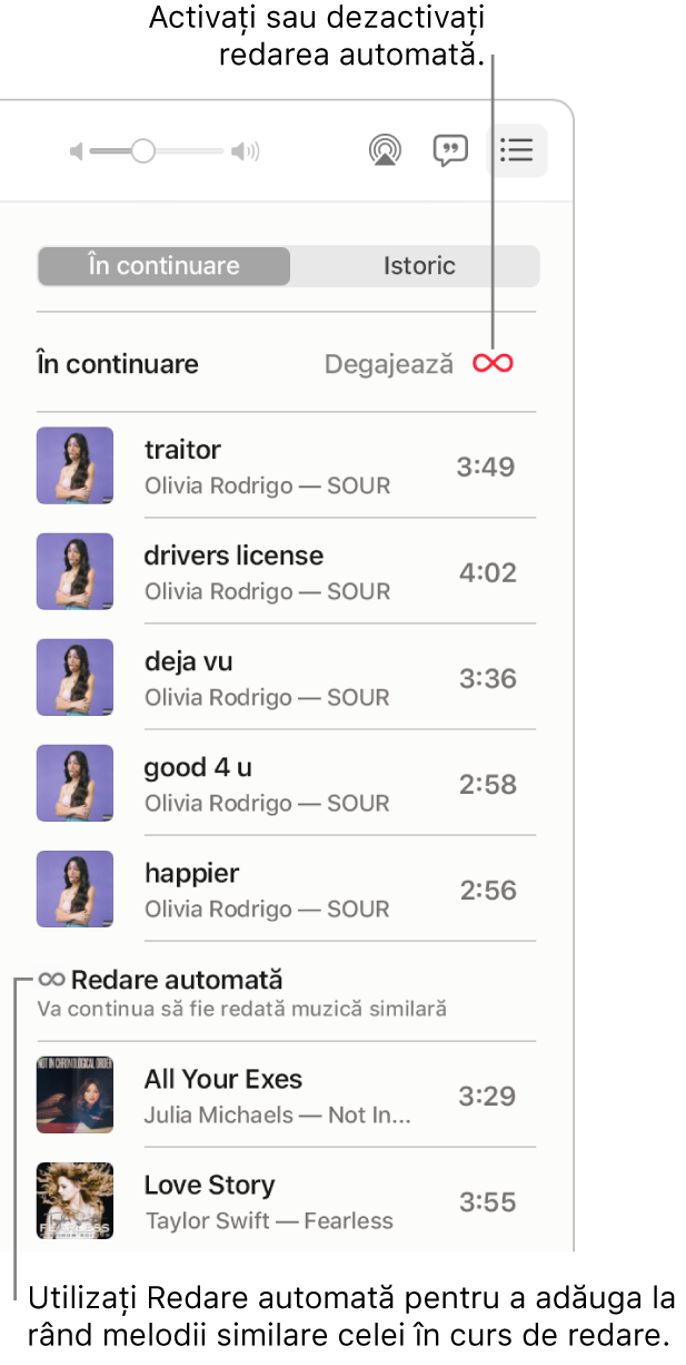 Coada “În continuare”. Faceți clic pe butonul de redare automată pentru a o activa sau dezactiva. Când redarea automată este pornită, melodii similare sunt adăugate la sfârșitul cozii.