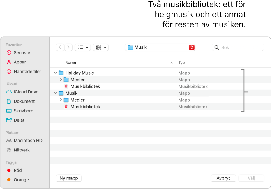 Finder-fönstret med flera bibliotek: ett för julmusik och de andra för all annan musik.