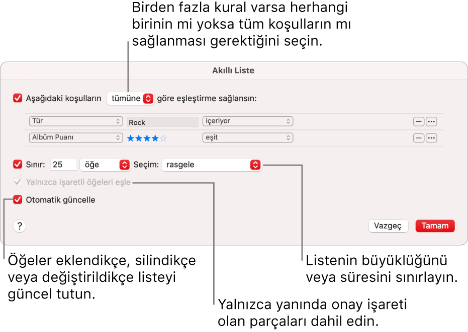 Akıllı Liste sorgu kutusu: Sol üst köşede Match’i seçin ve ardından liste kriterlerini (tür veya beğeni düzeyi gibi) belirleyin. Sağ üst köşedeki Ekle veya Sil düğmesini tıklayarak kural eklemeye veya silmeye devam edin. Sorgu kutusunun alt kısmında listenin boyutunu ve süresini sınırlandırma, yalnızca denetlenen parçaları ekleme veya arşivinizdeki öğeler değiştikçe Müzik’in listeyi güncellemesini sağlama gibi birçok seçenek arasından dilediğinizi belirleyin.