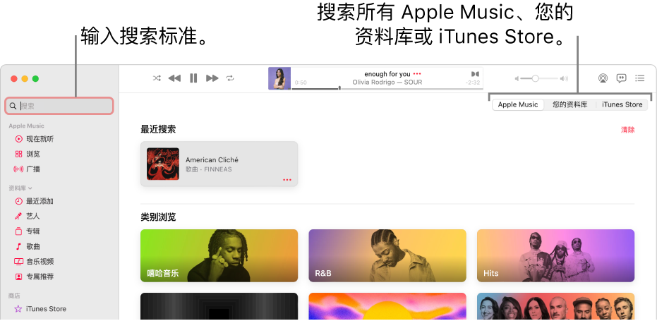 Apple Music 窗口的左上角显示搜索栏,窗口中间是类别列表,右上角显示“Apple Music”、“您的资料库”和可用的 iTunes Store。在搜索栏中输入搜索条件,然后选取是搜索所有 Apple Music、仅搜索您的资料库还是搜索 iTunes Store。