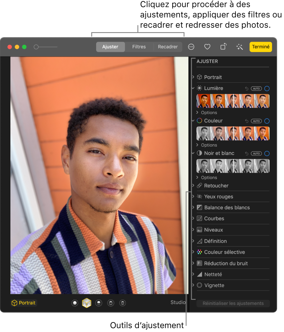 Une photo en mode édition, avec les outils d’édition dans la sous-fenêtre Ajuster sur la droite.